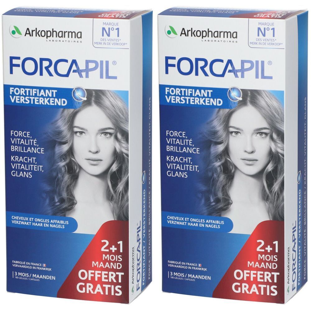 Twee dozen Forcapil. Opschrift: Kracht, Vitaliteit, Glans. 2+1 maanden gratis. Merk Arkopharma.