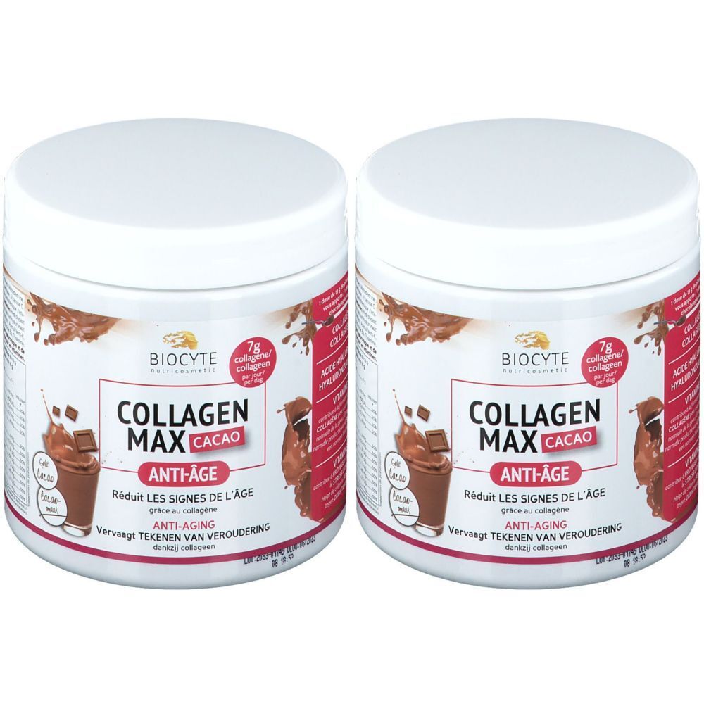 Twee witte potten met rode en bruine opschriften. Opschrift: Collagen Max Cacao Anti-Age. Merk: Biocyte.