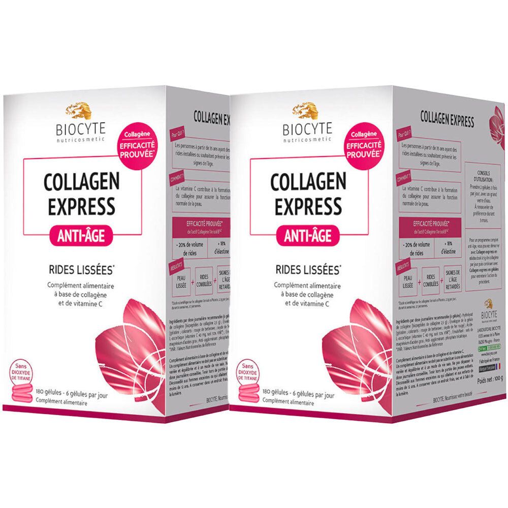 Twee dozen Biocyte Collagen Express Anti-Aging. Opschrift: Collagen Express, Anti-Aging, Rides Lissees. Met vitamine C.