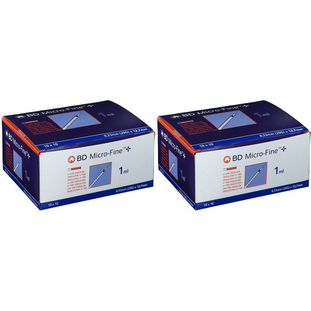 Deux boîtes "BD Micro-Fine+". Inscriptions : 0,33 mm x 12,7 mm, 1 ml. Emballage de 10 x 10 unités.