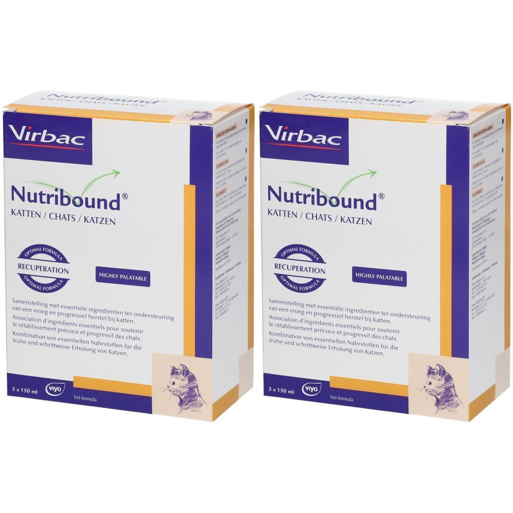 Deux boîtes de Virbac Nutribound pour chats. Inscription : Nutribound, KATTEN/CHATS/KATZEN, RECUPERATION, HIGHLY PALATABLE. Illustration d'un chat.