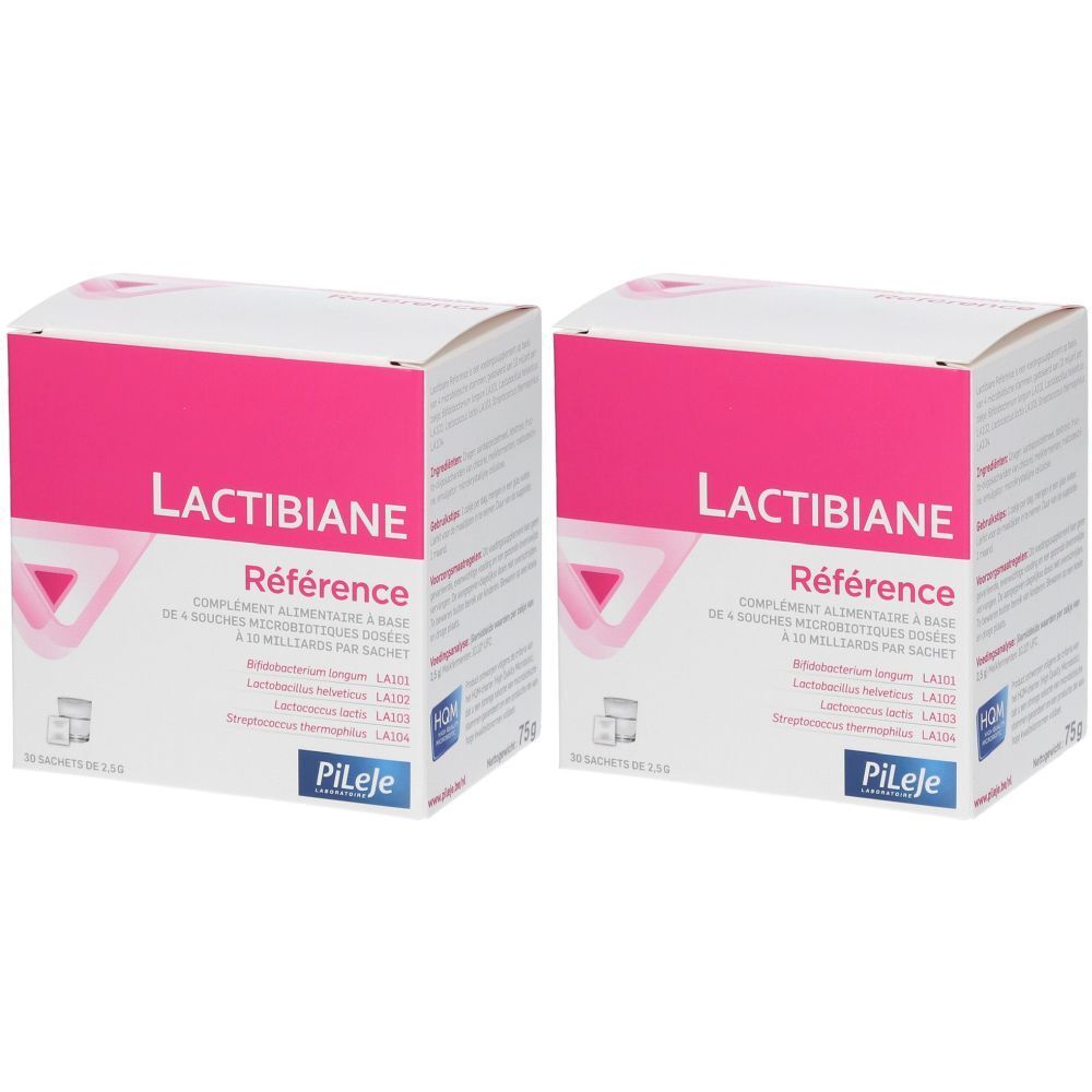 Twee dozen Lactibiane Référence. Wit met roze accenten. Opschrift Lactibiane Référence en Pileje logo.