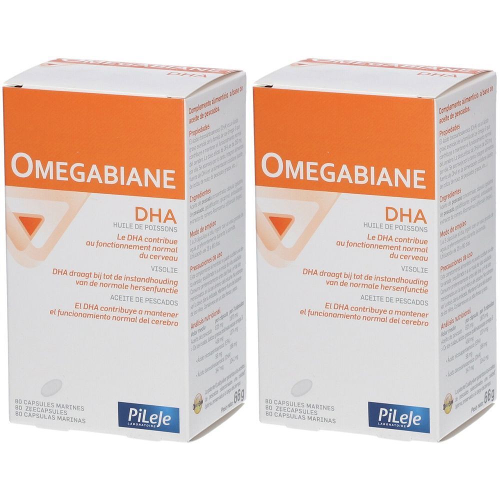 Twee witte dozen met oranje accenten. Opschrift: Omegabiane DHA. Meertalige tekst. Merk: PiLeje.