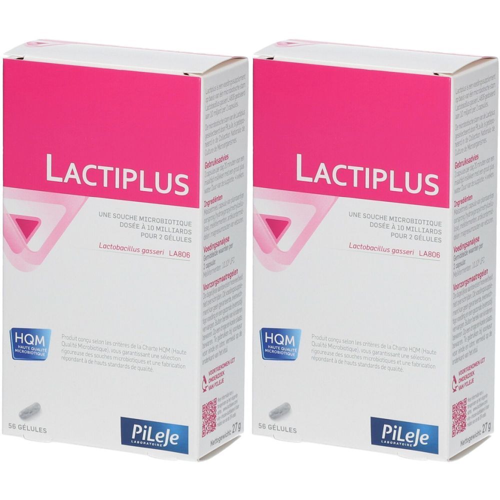 Deux boîtes blanches avec couvercle rose. Inscription "LACTIPLUS". Logo "PiLeje". Inscription "50 GELULES".