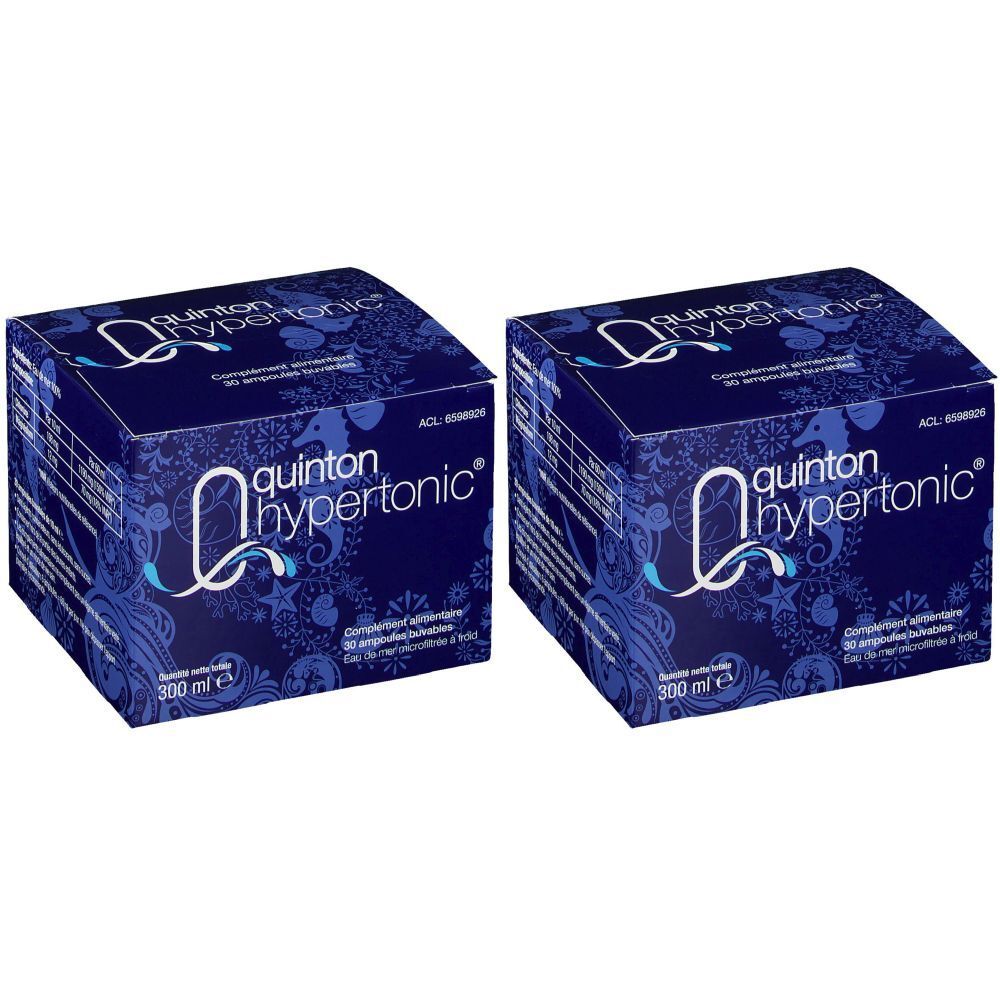 Twee blauwe dozen met de productnaam "quinton hypertonic®". Opdrukken: logo, productnaam, tekst en volume.