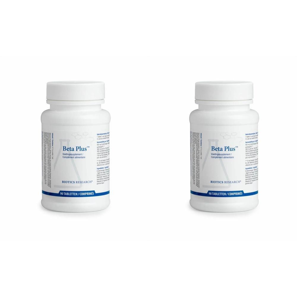 Twee witte flessen Biotika Beta Plus voedingssupplement, elk bevat 90 tabletten.