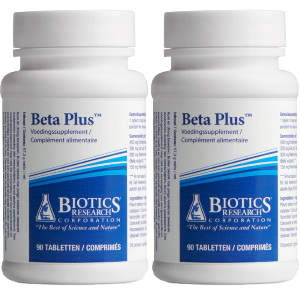 Twee witte flessen met schroefdop. Opschrift Beta Plus, Voedingssupplement/Complément alimentaire, Biotix Research Corporation, 90 Tabletten/Comprimés.