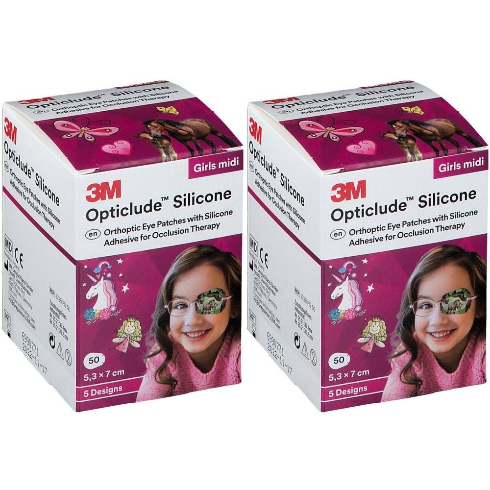 Deux boîtes de 3M Opticlude Silicone. Inscription : Girls midi, 50 pièces, 5,3 x 7 cm. Pansements oculaires orthoptiques.