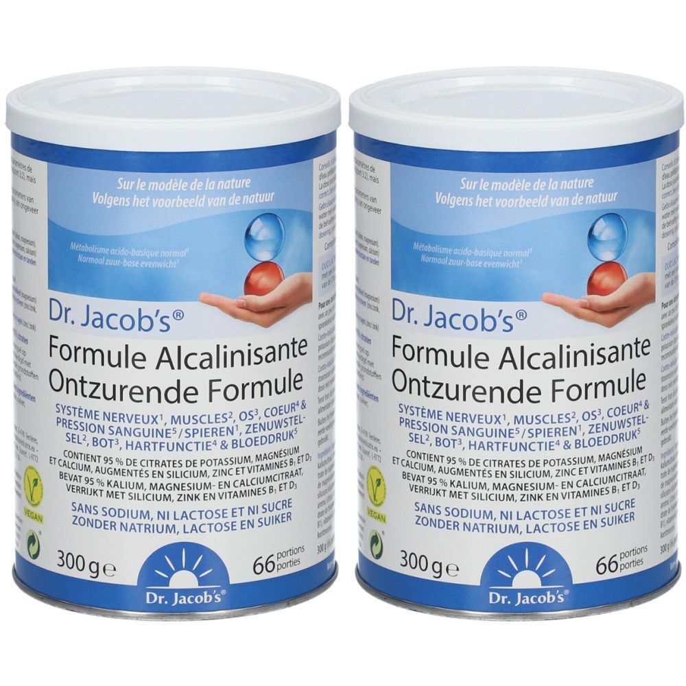 Twee blikken Dr. Jacob's® Formule Alcalinisante. Witte deksels, blauwe en witte etiketten. Tekst: « Ontzurende Formule ». 300g, 66 porties.