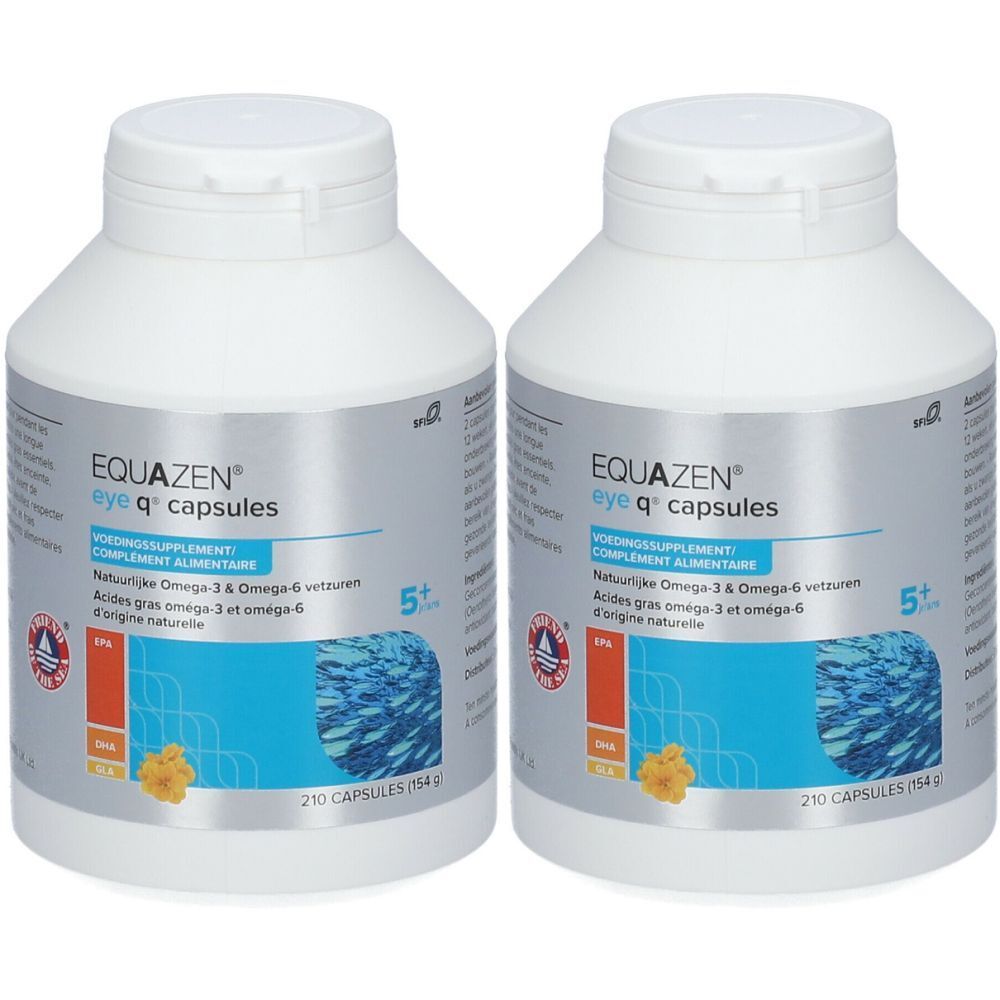 Deux flacons blancs avec étiquettes. Les étiquettes indiquent "EQUAZEN eye q capsules".