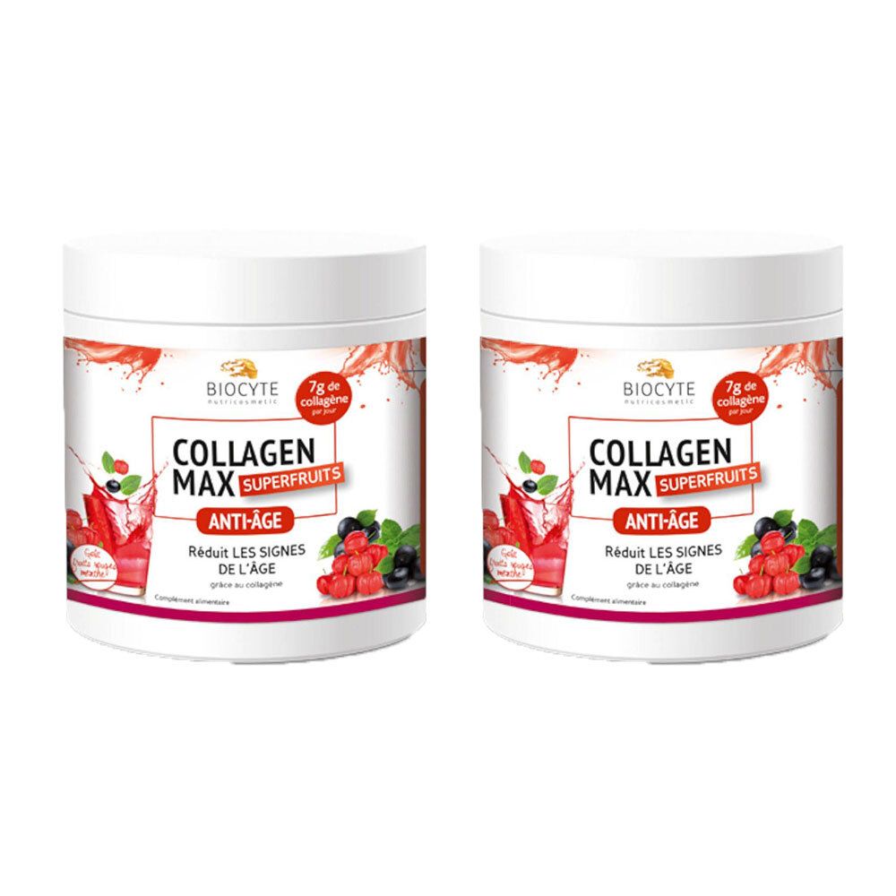 Twee witte potten met opschrift Collagen Max Superfruits. Opschrift Anti-Age. Bevat 7g collageen. Illustratie van fruit.