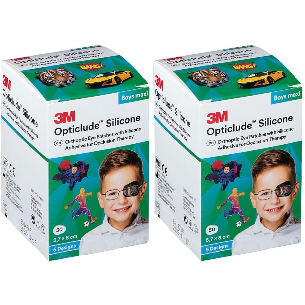 Twee dozen 3M Opticlude Silicone pleisters. Opschrift: Opticlude Silicone, 50 stuks, 5,7 x 8 cm, 5 designs. Afbeelding van een jongen met een oogpleister.