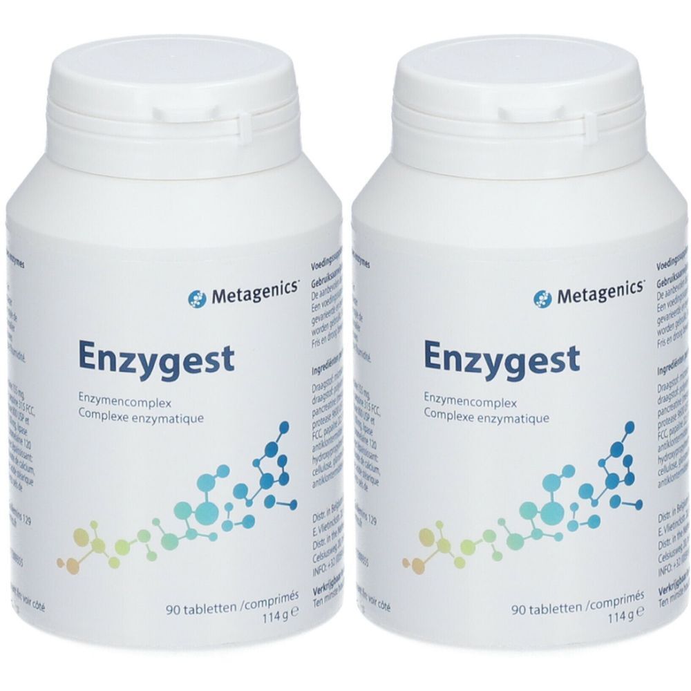 Twee witte flessen "Enzygest" van Metagenics. Tekst: "90 tabletten".