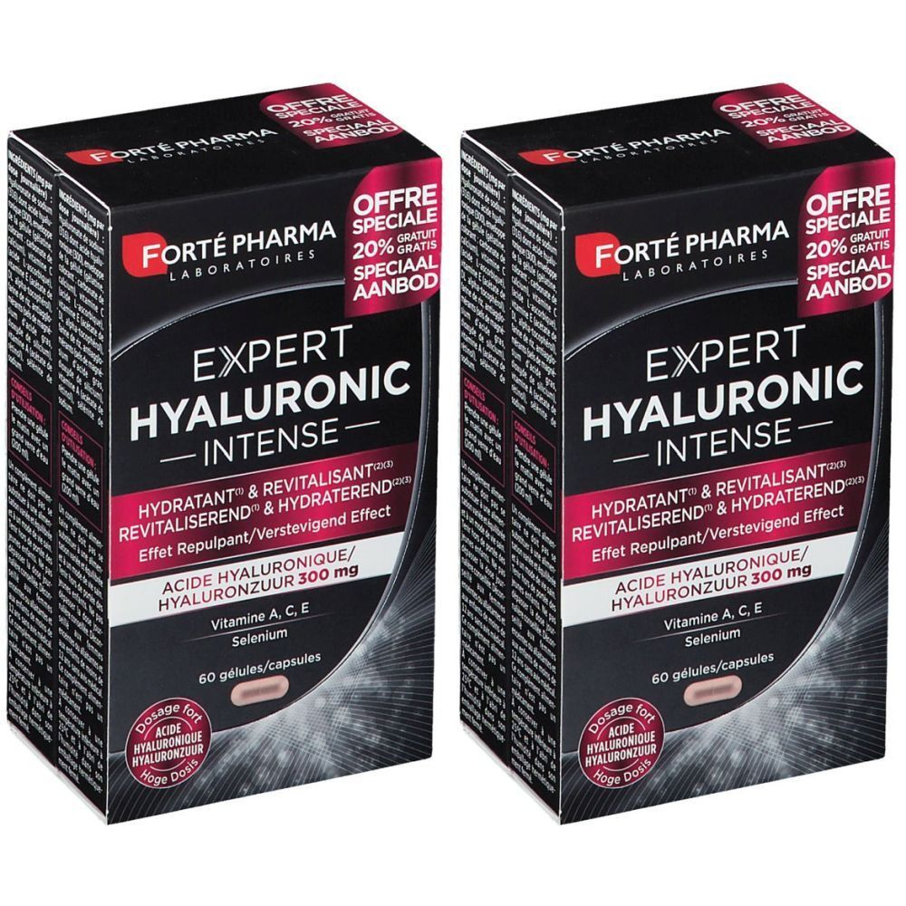 Twee dozen Forté Pharma Expert Hyaluronic Intense. Zwarte verpakking met naam en ingrediënten. Speciale aanbieding: 20% gratis.
