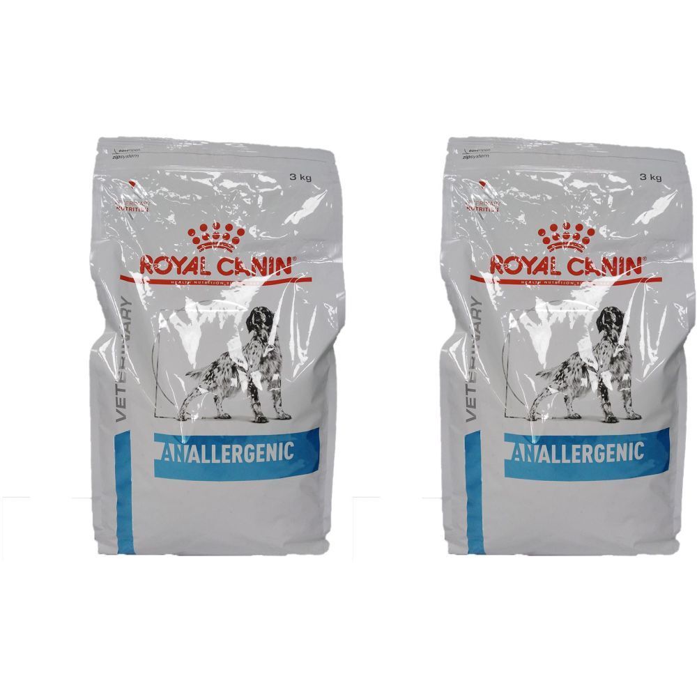Twee zakken ROYAL CANIN® Anallergenic hondenvoer. Witte zak met logo, productnaam en afbeelding van een hond. 3 kg.