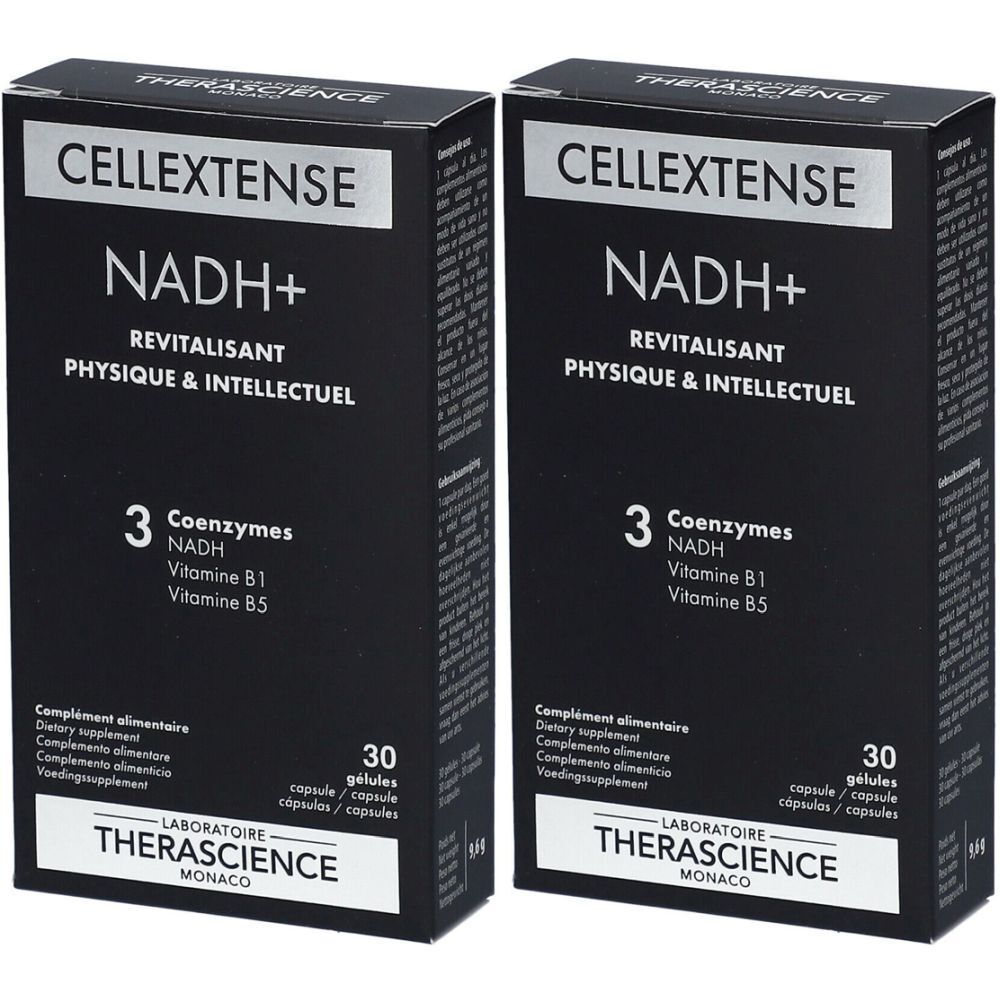 Deux boîtes de "CELLEXTENSE NADH+". Emballage noir avec texte blanc. Contient 30 gélules. Marque: THERASCIENCE.