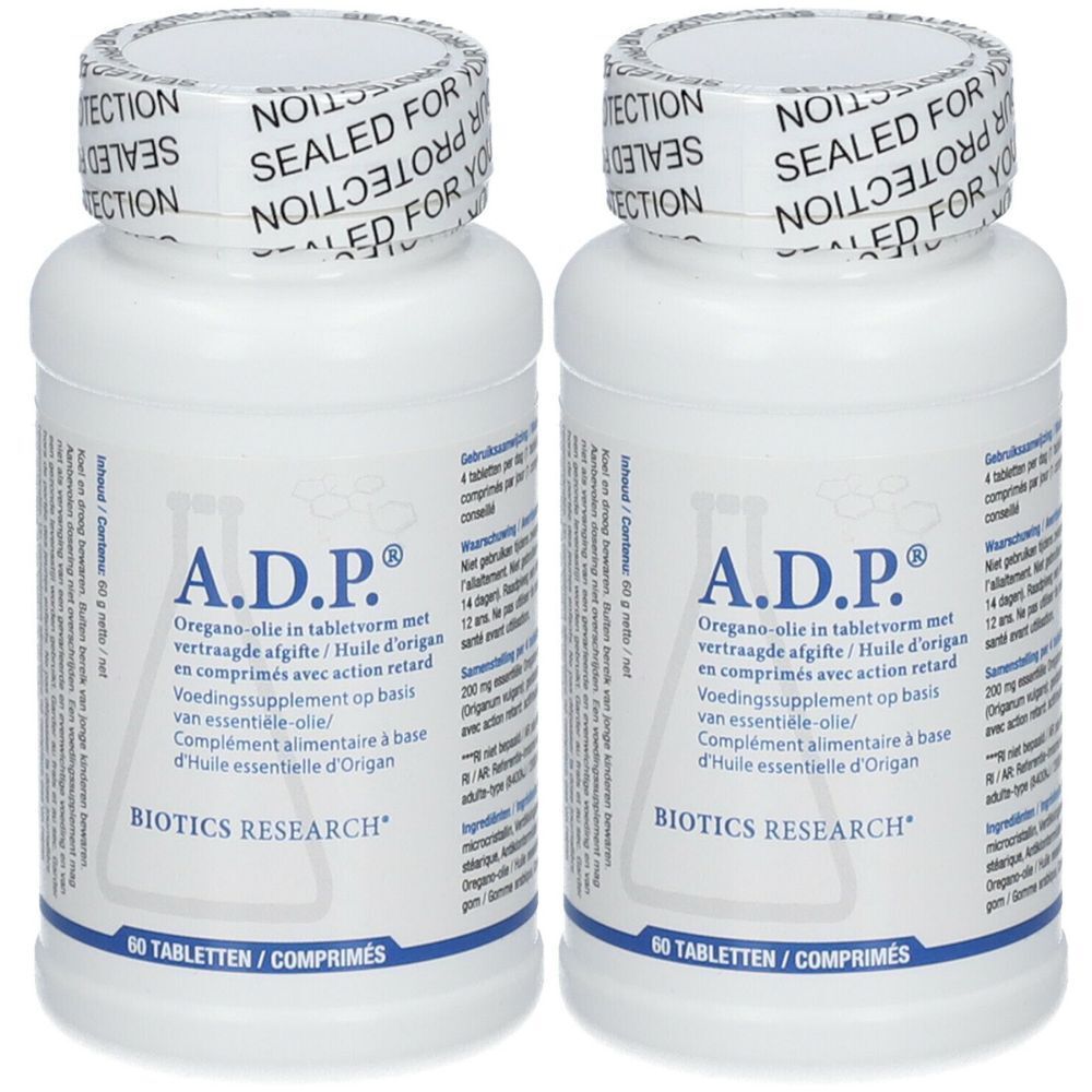 Twee witte flessen met A.D.P.®-tabletten. Opschrift: Oregano-olie. Dop met opschrift 'SEALED FOR PROTECTION'.