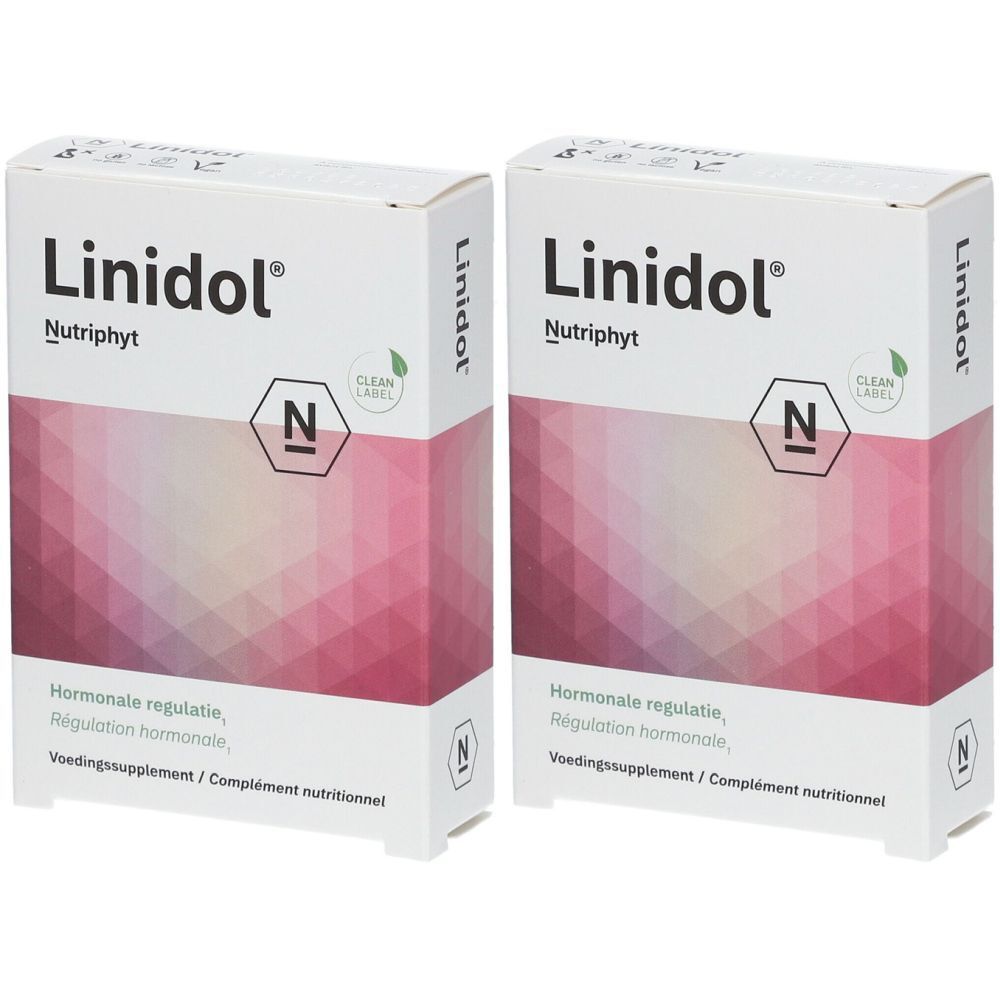 Twee dozen Linidol Nutriphyt. Witte verpakking met roze patroon. Tekst: Hormoonregulatie, voedingssupplement.