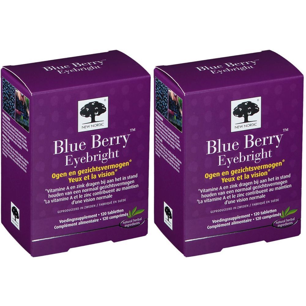 Twee paarse dozen met "Blue Berry Eyebright". Tekst in het Nederlands en Frans. Logo: boom.