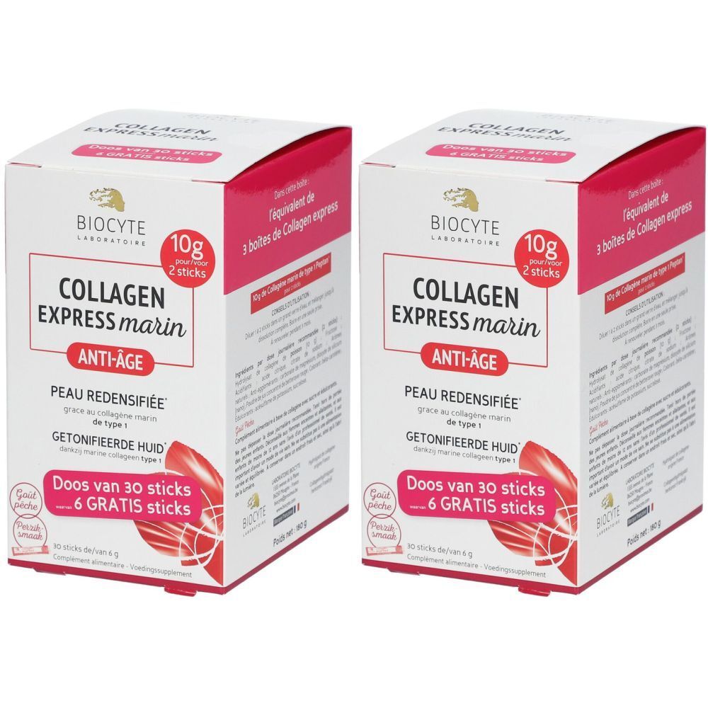 Twee dozen met "COLLAGEN EXPRESS marin ANTI-AGE". Opschrift "10g 2 sticks". Roze en witte verpakking.