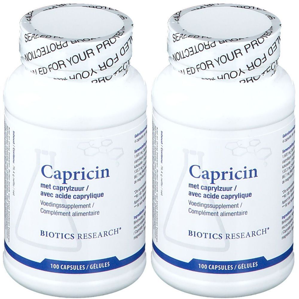 Twee witte flessen met "Capricin". Meertalige opschriften. Merk: BIOTICS RESEARCH. 100 capsules.