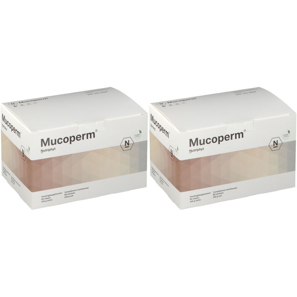 Twee witte dozen met de tekst "Mucoperm". De dozen hebben een transparante voorkant die de inhoud toont.