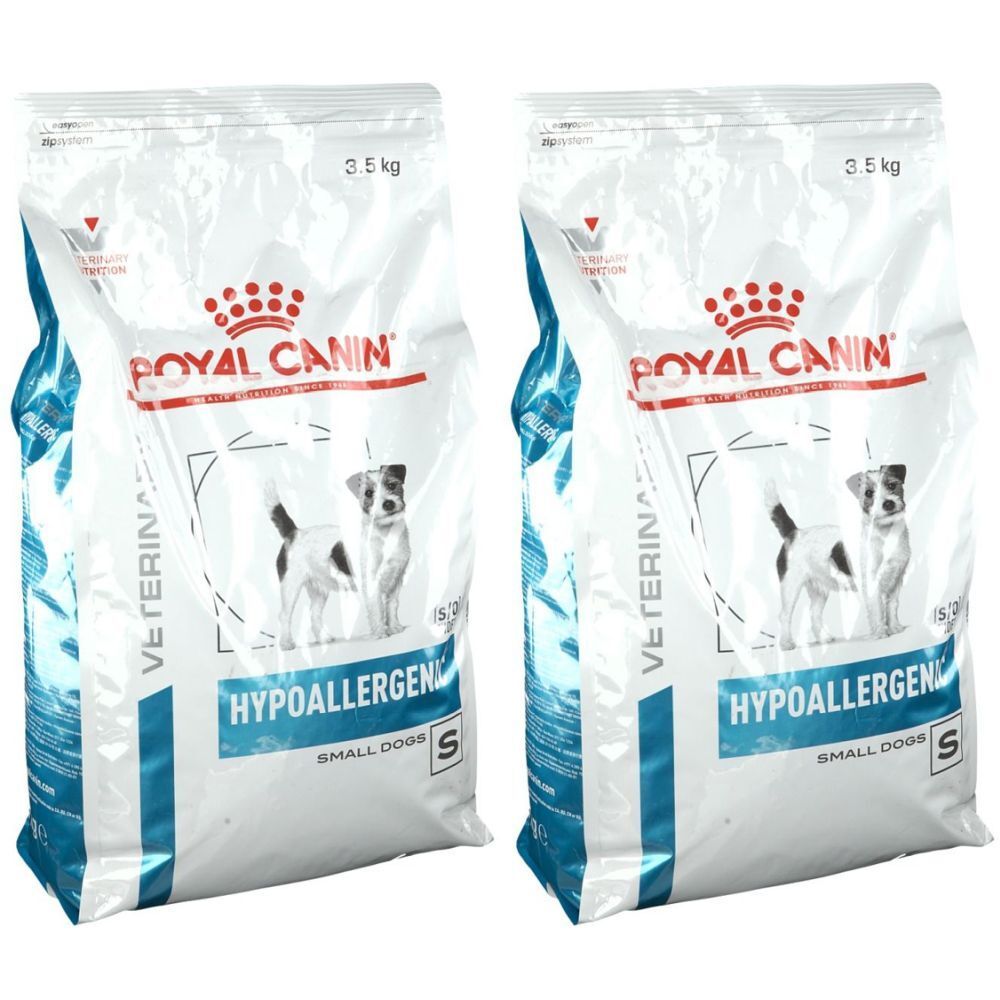 Twee zakken ROYAL CANIN HYPOALLERGENIC hondenbrokken. Opschrift: 3,5 kg, S voor kleine honden.