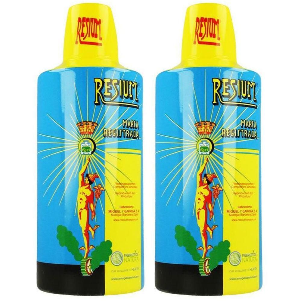 Deux bouteilles jaunes avec le logo Resium® et des illustrations détaillées.