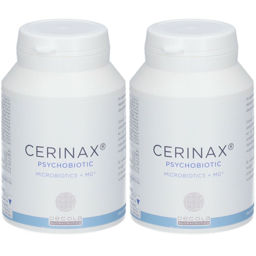 Deux flacons blancs avec couvercles. Inscription : CERINAX®, PSYCHOBIOTIC, MICROBIOTICS + MG. Marque : Dekola.