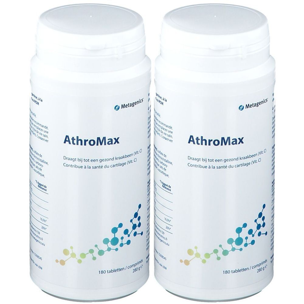 Twee witte flessen "AthroMax" met Metagenics logo. Opschrift: 180 tabletten/comprimés 280g. Draagt bij tot een gezonde kraakbeen (Vit. C).