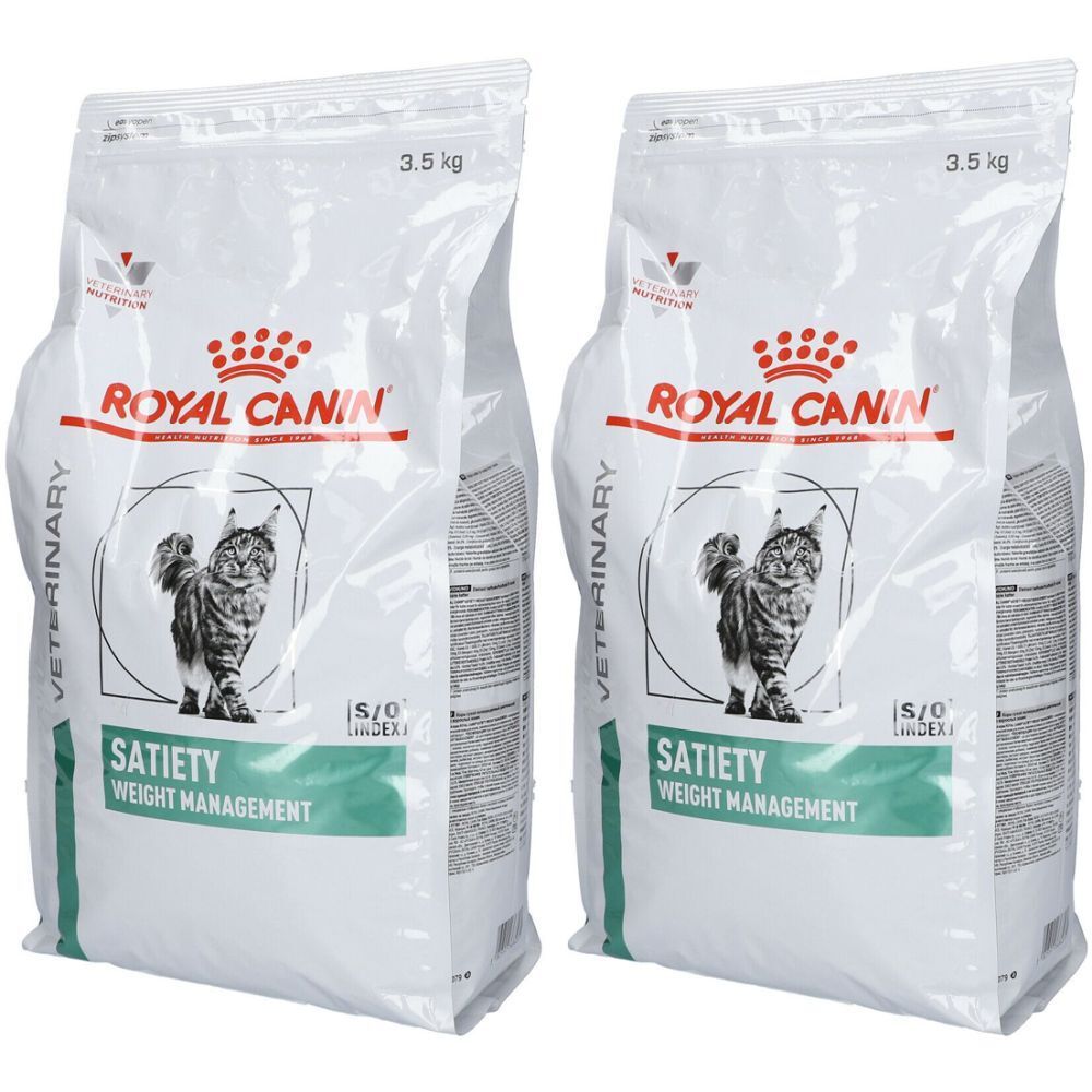 Deux sacs de ROYAL CANIN® Satiety Weight Management. Inscription : 3,5 kg. Image d'un chat.