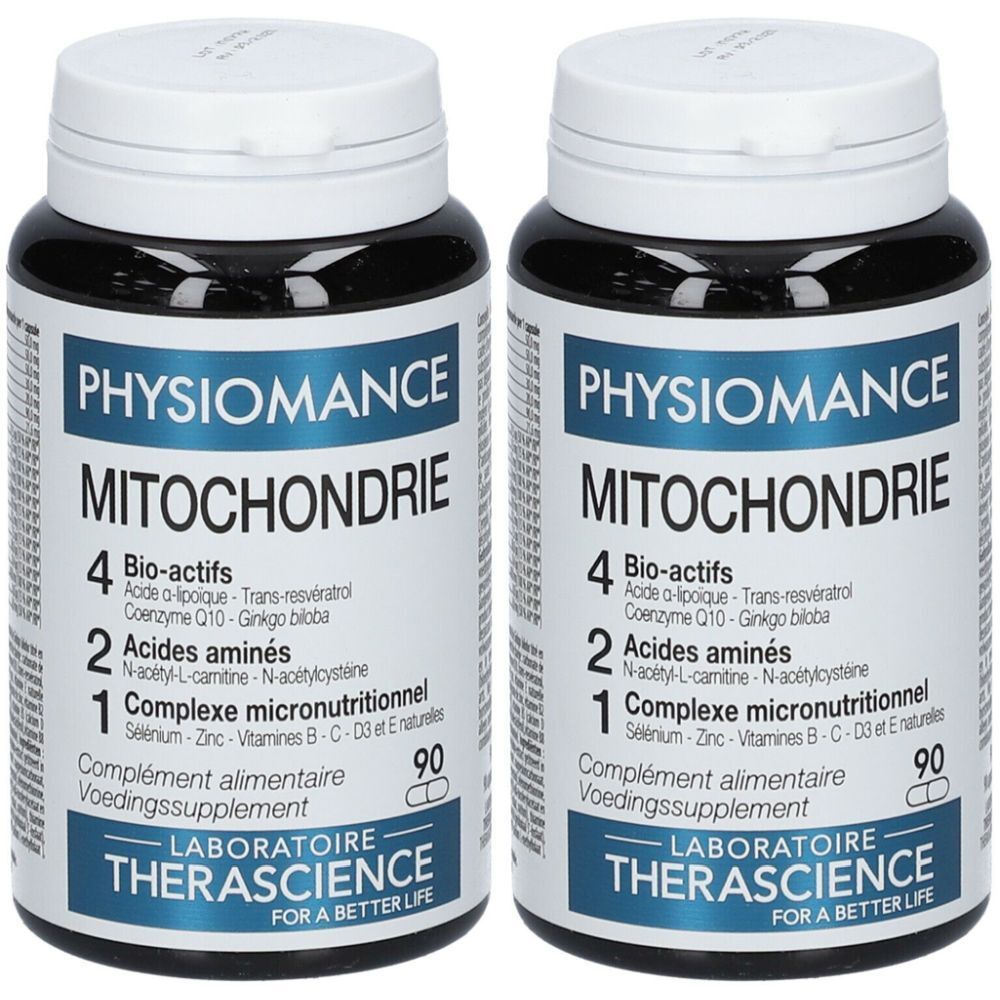 Deux flacons de Physiomance Mitochondrie. Flacons noirs avec bouchons blancs. Étiquettes bleues avec informations produit et marque Therascience.