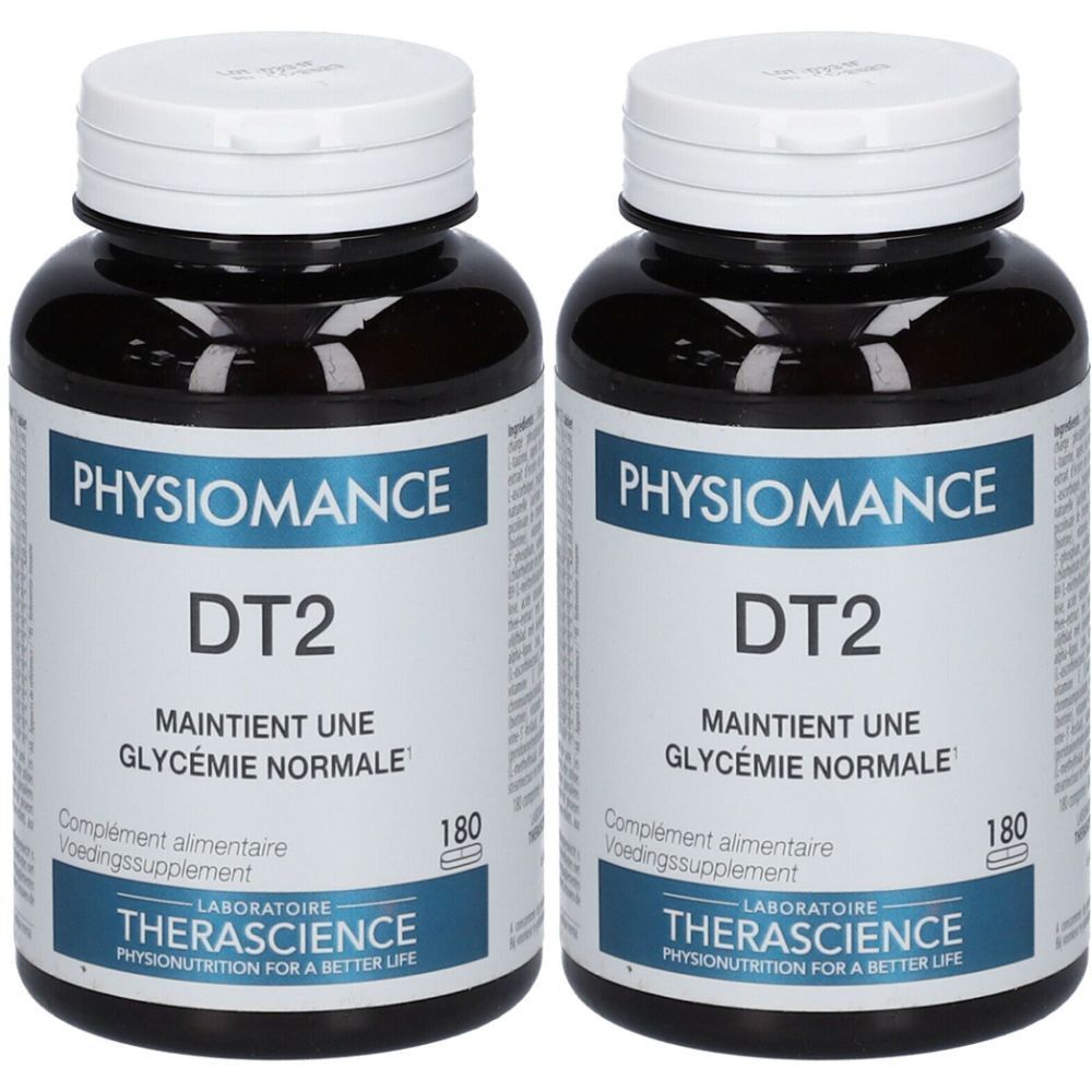 Twee flessen PHYSIOMANCE DT2. Opschrift: MAINTIENT UNE GLYCÉMIE NORMALE. Bevat 180 capsules. Laboratoire Therascience.