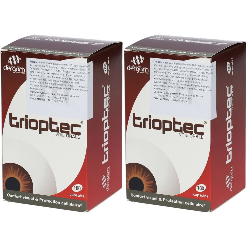 Deux boîtes de Trioptec. Inscription: Trioptec, 180 capsules, VOIE ORALE. Marque: dergam. Texte: Confort visuel & Protection cellulaire.