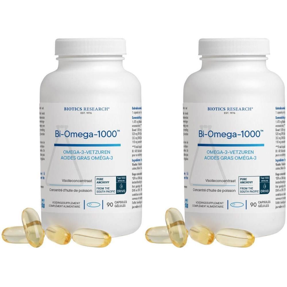 Twee flessen Biotics Research Bi-Omega-1000™ met elk 90 capsules.