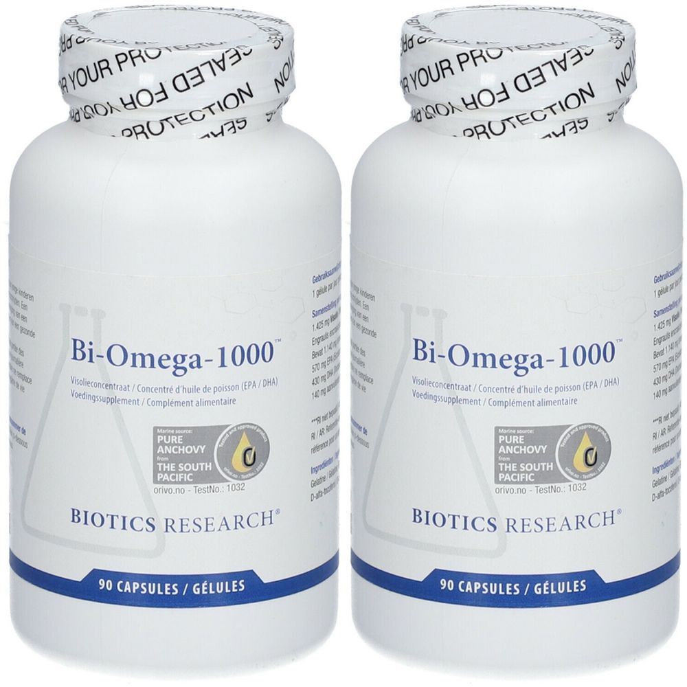 Twee witte flessen met label Bi-Omega-1000. Opschrift: Biotics Research. 90 capsules. Verzegeling: YOUR PROTECTION NO.