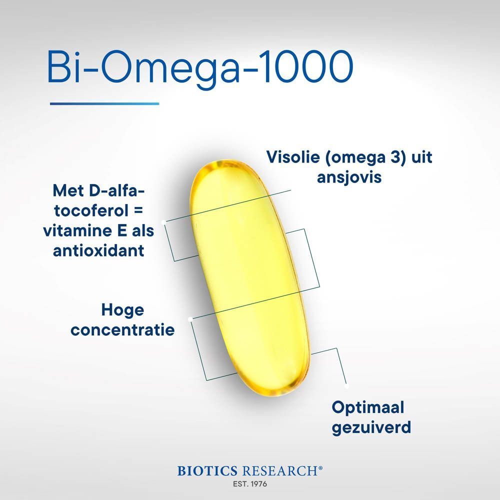 Fles Biotics Research Bi-Omega-1000™ voor een school vissen.