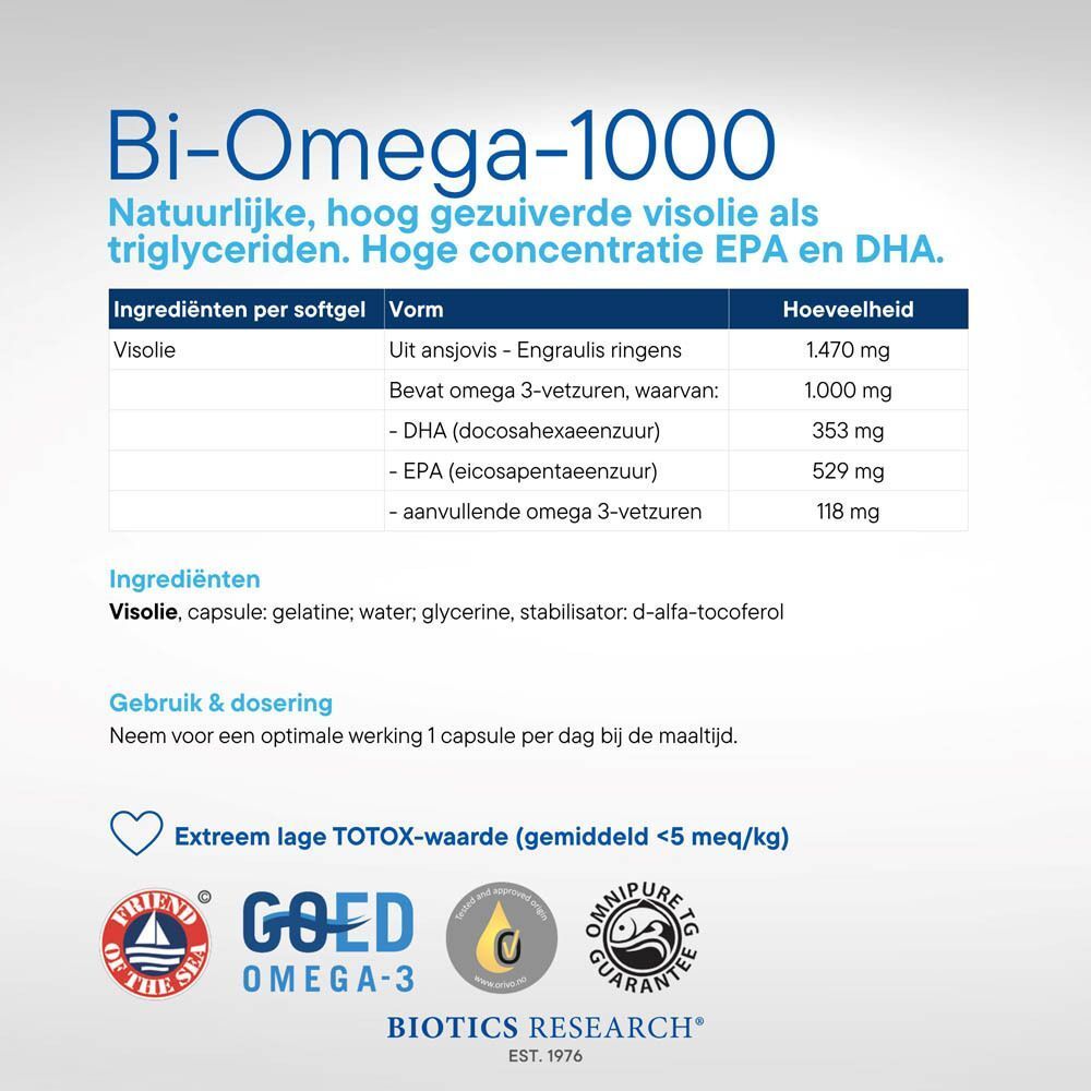 Tabel met informatie over vissoort, vangstlocatie, transport en zuiverheid van Biotics Research Bi-Omega-1000™.