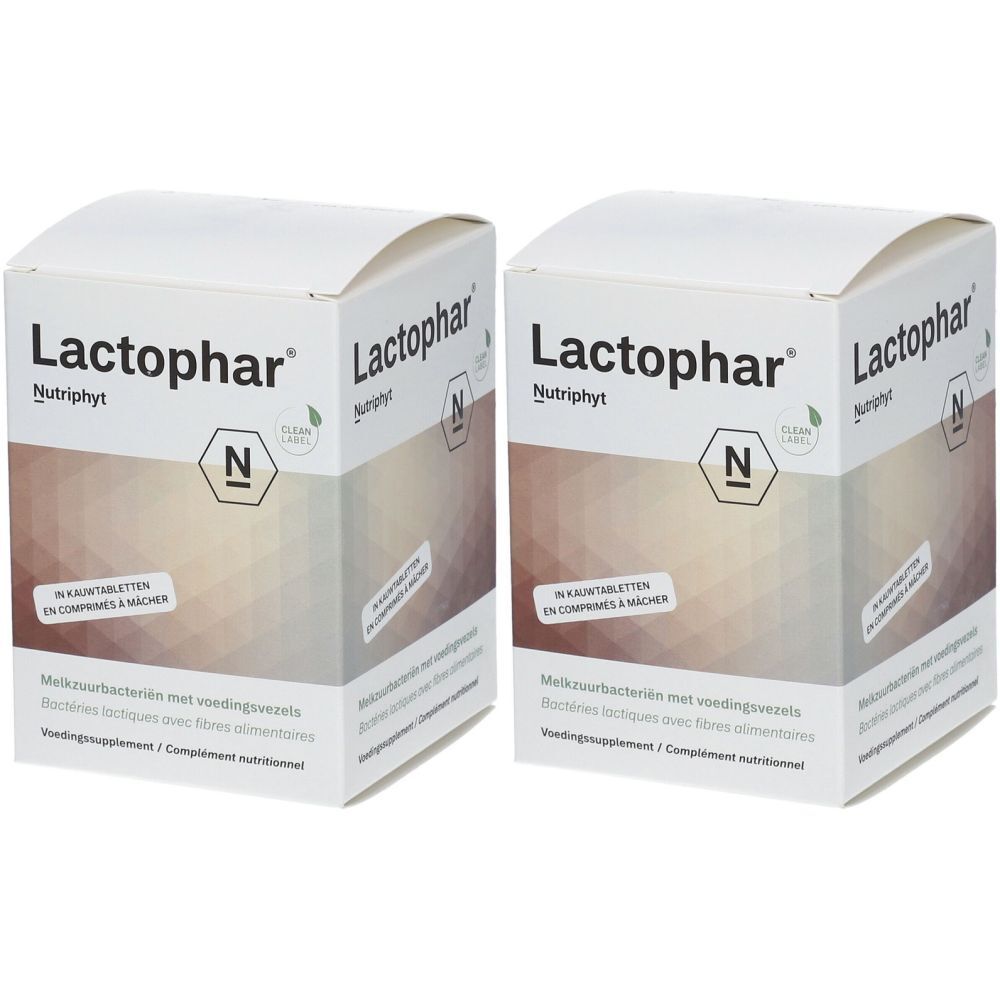 Twee witte dozen Lactophar Nutriphyt. Opschrift: In kauwtabletten. Melkzuurbacteriën met voedingsvezels. Voedingssupplement.