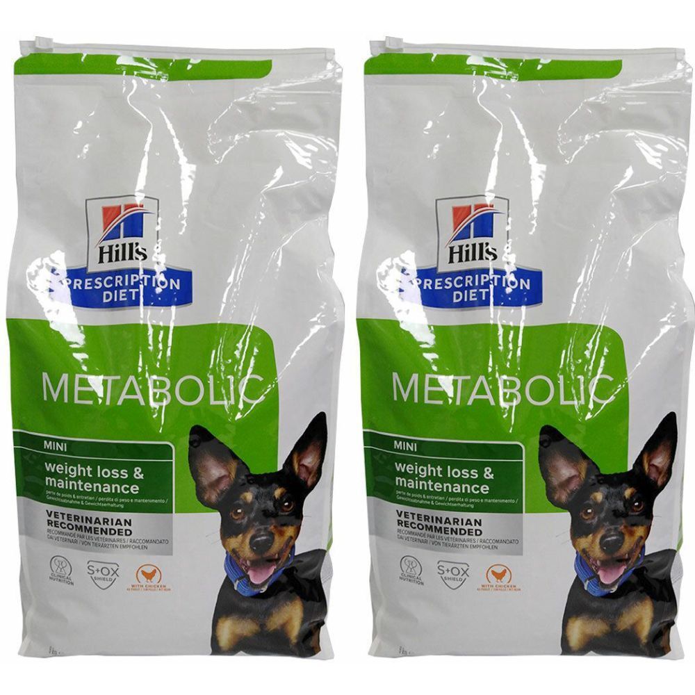 Twee zakken Hill's Prescription Diet Metabolic Mini. Opschrift: gewichtsverlies & onderhoud. Aanbevolen door dierenartsen. Met foto van hond.