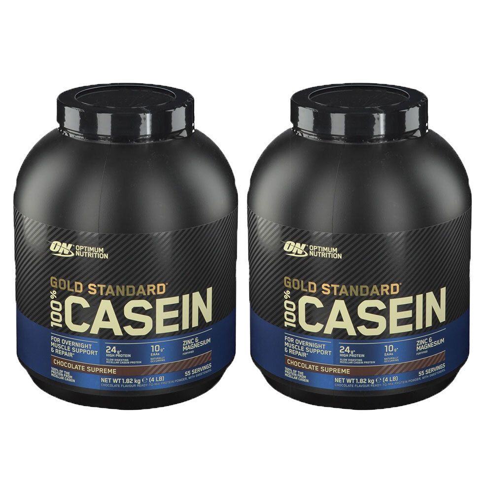 Deux boîtes noires de poudre de protéine de caséine. Inscription : Gold Standard 100% Casein, Chocolate Supreme. Marque : Optimum Nutrition.