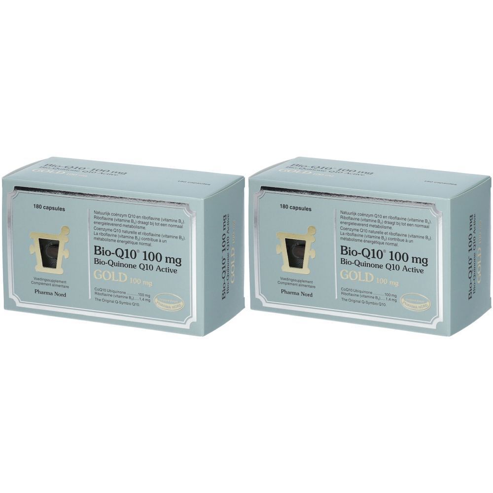 Twee dozen Pharma Nord Bio-Q10 Gold. Opschrift: Bio-Q10 100 mg, Bio-Quinone Q10 Active, GOLD.
