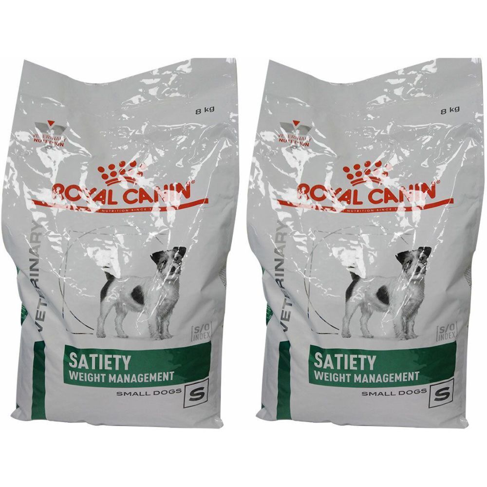 Deux sacs de ROYAL CANIN® Satiety Weight Management pour petits chiens. Emballage blanc avec logo, nom du produit et image de chien.