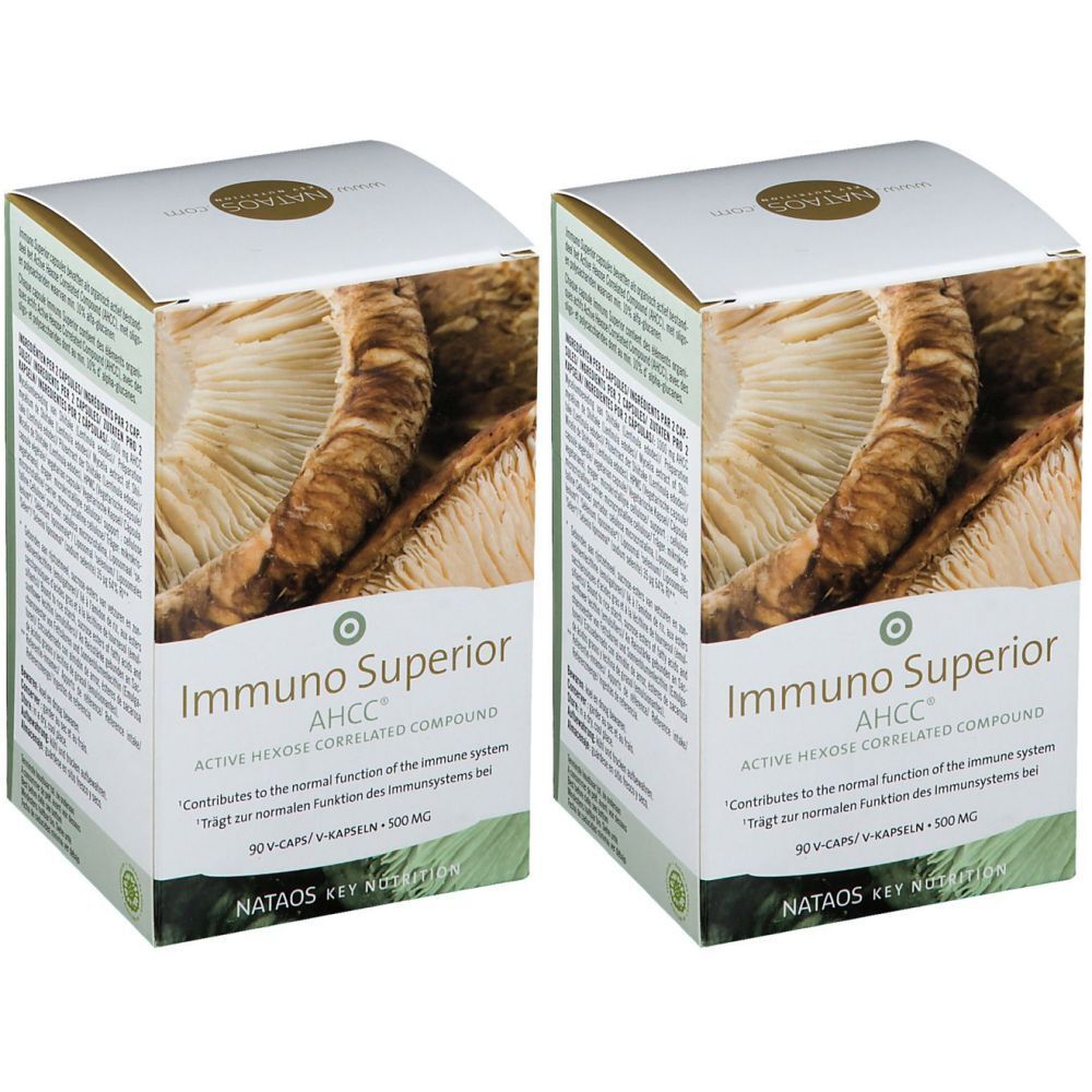 Twee rechthoekige dozen met de productnaam "Immuno Superior AHCC". Opschriften: "Active Hexose Correlated Compound", "NATAOS KEY NUTRITION".