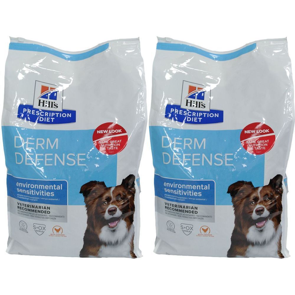 Twee zakken Hill's Prescription Diet Derm Defense hondenvoer. Opschrift: environmental sensitivities, Veterinarian Recommended.