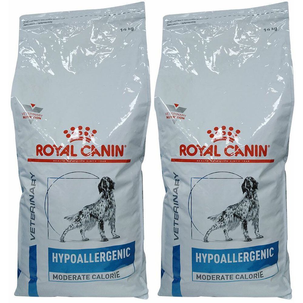 Twee zakken ROYAL CANIN® Hypoallergenic Moderate Calorie Chien hondenvoer. Wit met logo, hond en tekst.