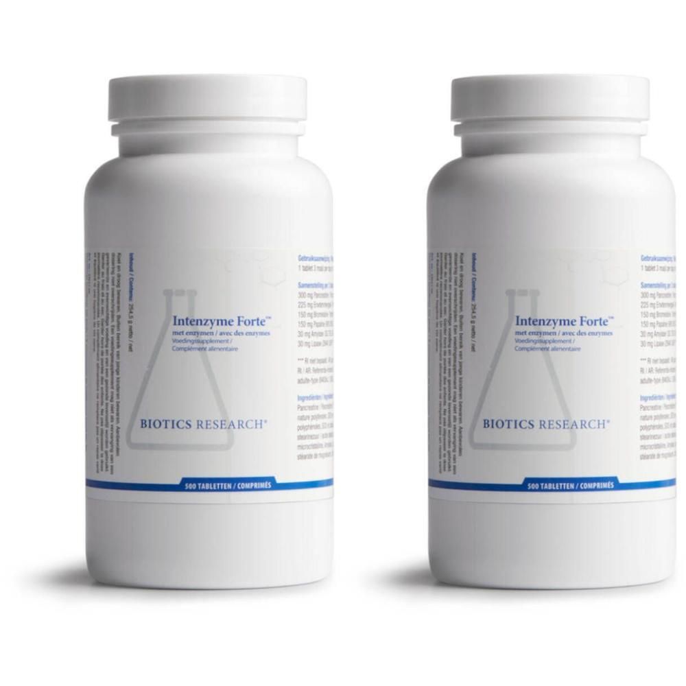 Deux bouteilles de Biotics® Intenzyme Forte™ avec enzymes. Contenants blancs avec étiquettes bleues affichant les informations sur le produit et le nom de marque Biotics Research.