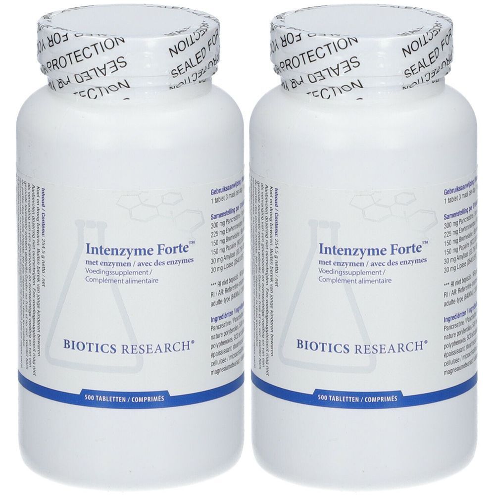 Deux flacons blancs avec étiquette "Intenzyme Forte". Inscription "BIOTICS RESEARCH". Sceau "SEALED FOR PROTECTION".