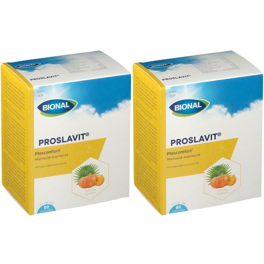 Twee vierkante dozen, geel en wit. Opschrift Bional Proslavit. Illustratie: pompoen en bladeren.