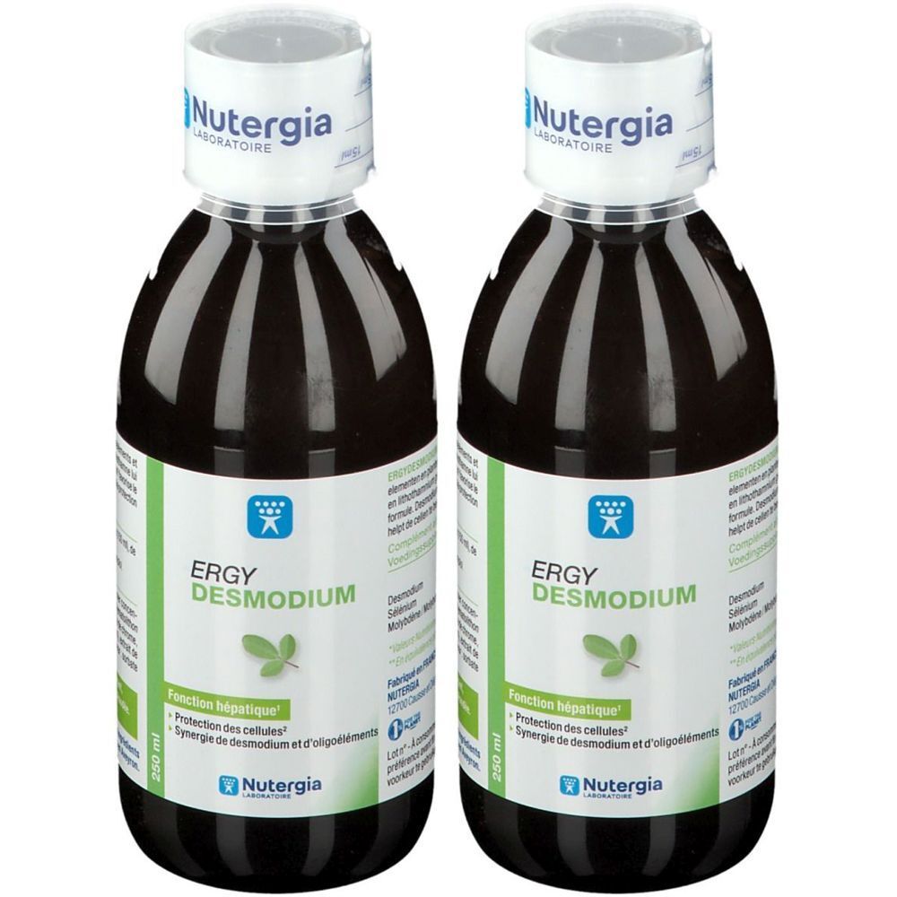 Twee flessen met donkere vloeistof. Opschrift: ERGY DESMODIUM, Nutergia. Witte doppen, groene en blauwe etiketten.